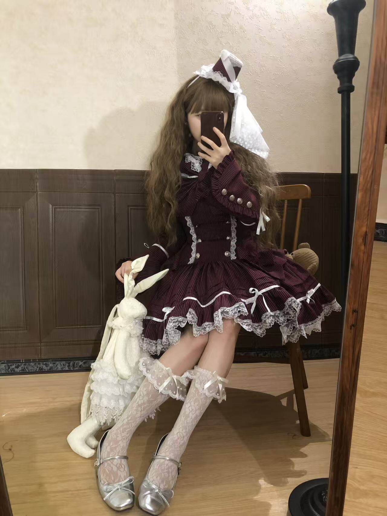 [pre-order Deadline: April 25] Phantom Cat Sweet Ribbon Stripe Lace Bell Sleeve Lolita Dress