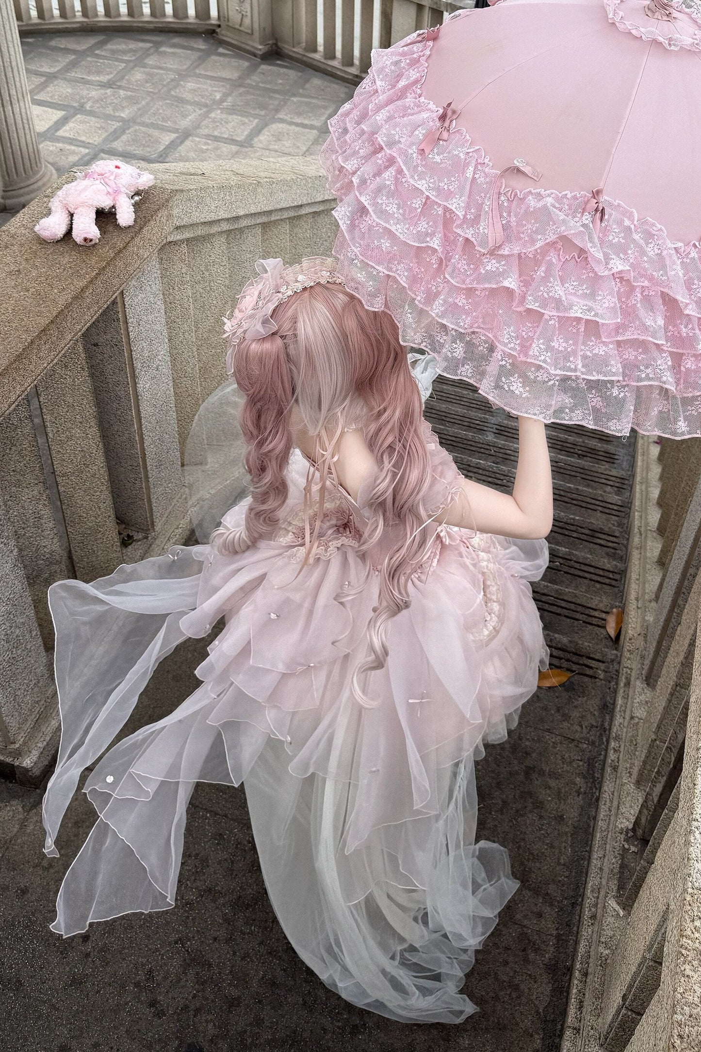 [pre-order Deadline: May 13] Pink Ballet Lolita Lace Ribbon Bustier Corset Top + Pull-up Tulle Tiered Skirt Set + Back Ribbon Train