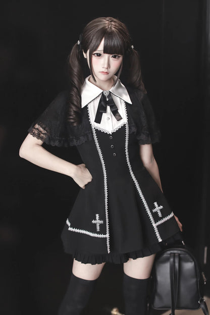[pre-order Deadline: April 29] Black Gothic Cape Sleeve Cross Detail Ribbon Collar Dress Set
