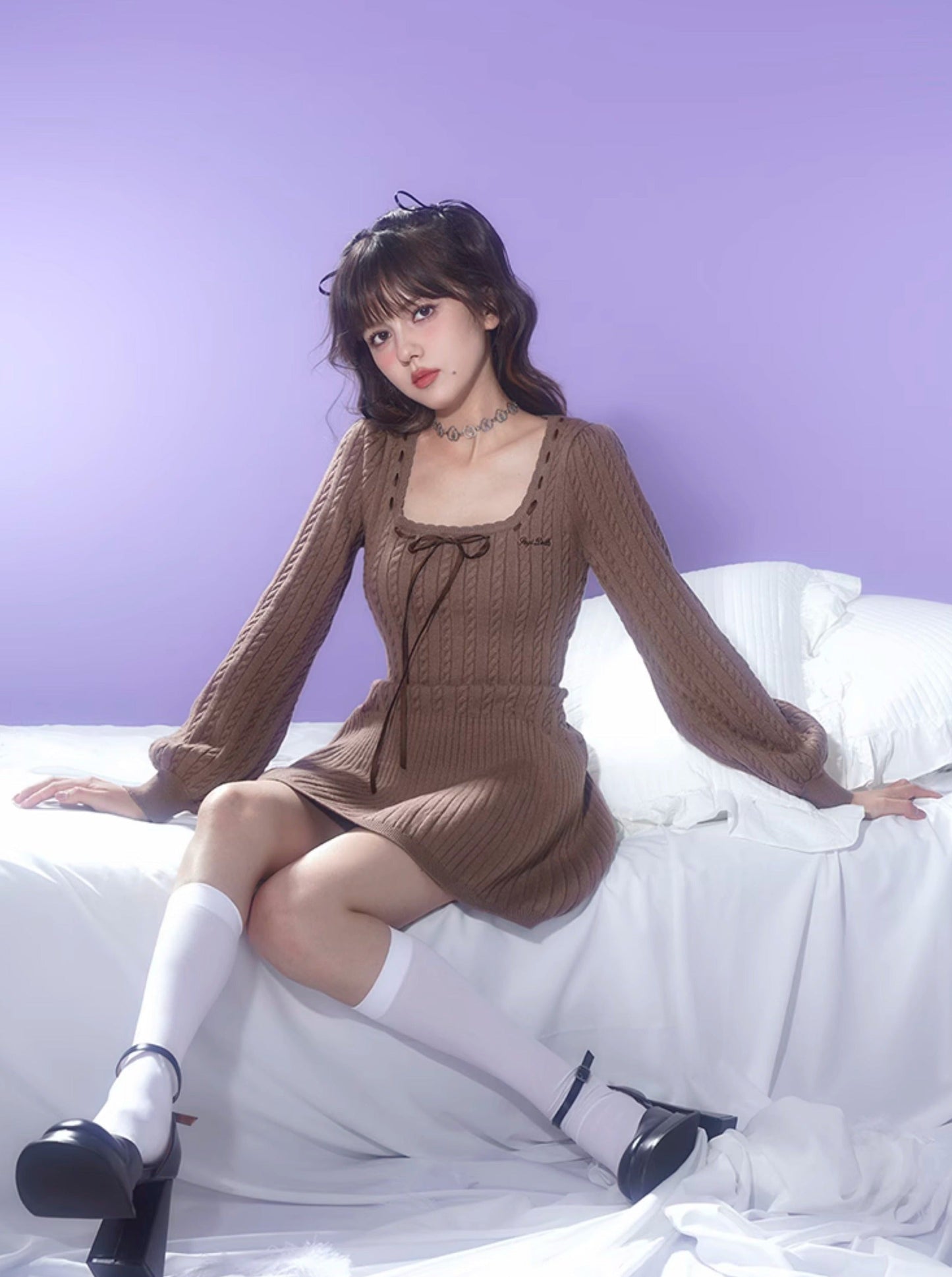 Balloon Sleeve Brown Knit Dress