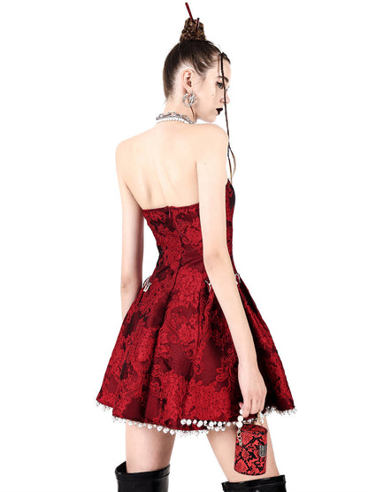 Electric Moon Dark Flower Embroidered Tube Top Pearl Dress