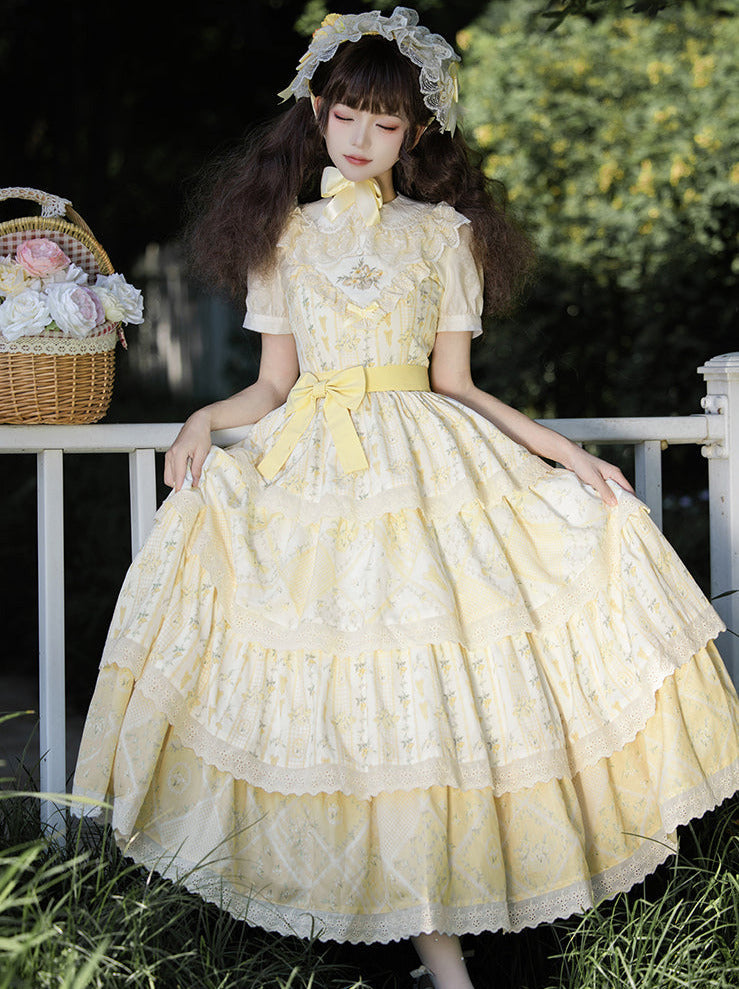 Pastoral Lily Embroidery Print Ruffle Strap Tiered Shawl Dress [pre-order]