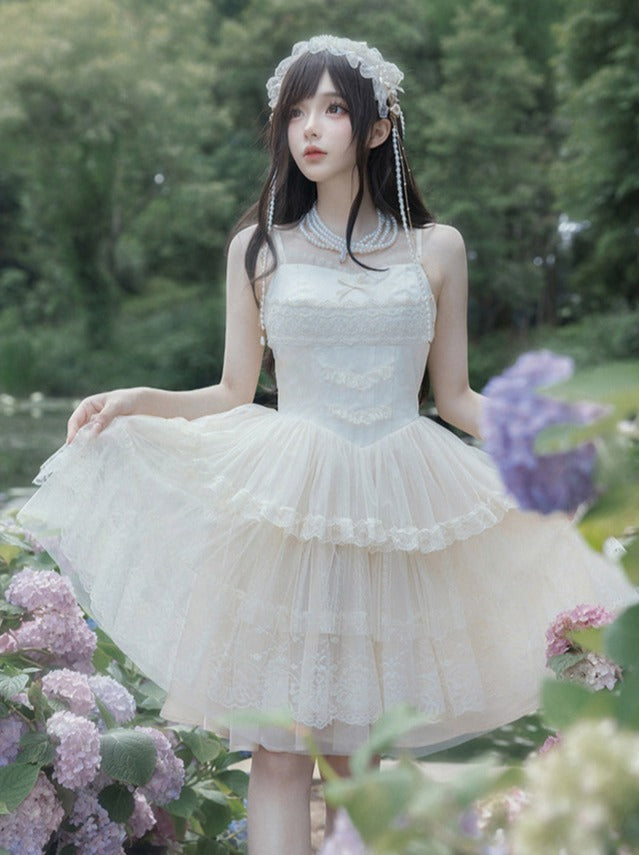 [pre-order] Pure White Girly Lolita Dress + Cardigan + Inner Top + Veil + Sleeves