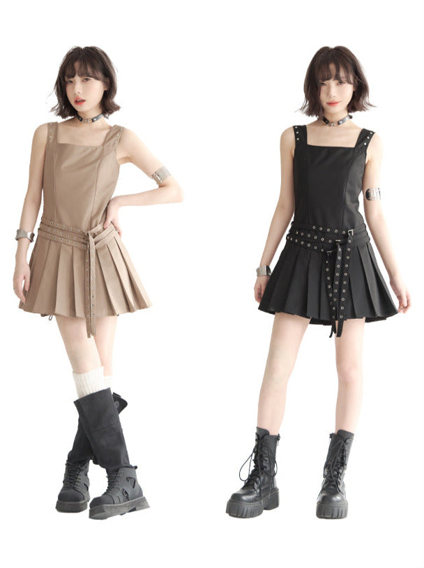 Retro Design Strap Short Pleated Vest Dress