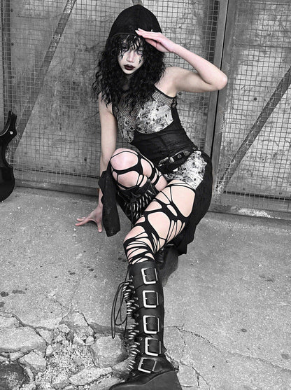 Punk Black Silver Mesh Sheer Slit Hooded Dress Suit