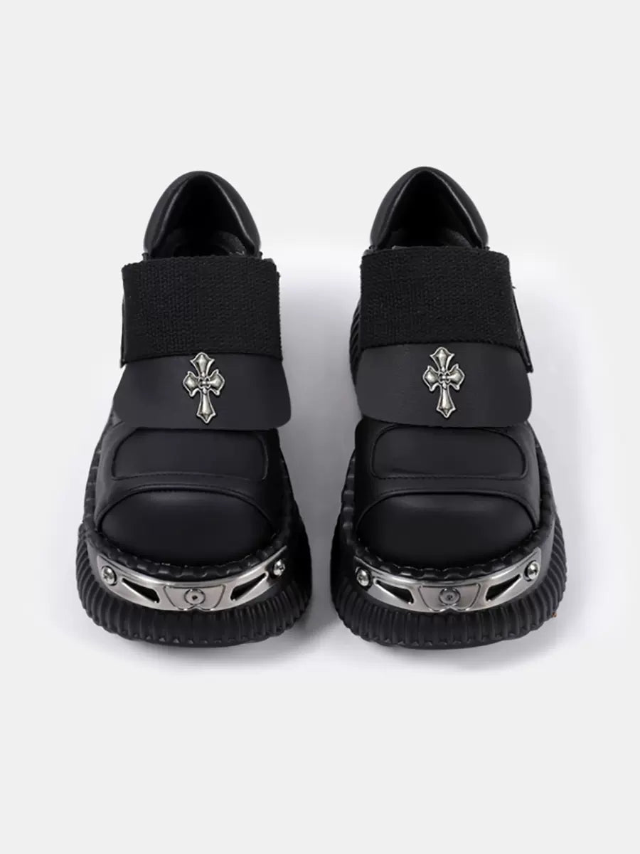 Metal Punk Cross Velcro Leather Platform Shoes