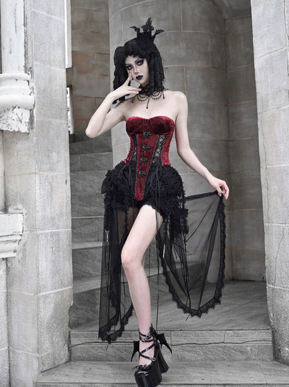 Hell Alice Gothic Dark Fishbone Strap Corset Tulle Dress Set