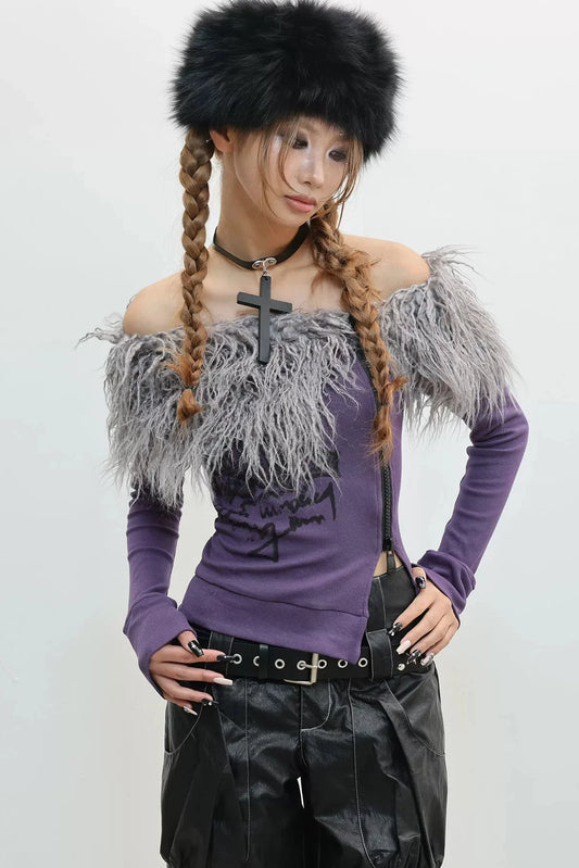 Zip Faux Fur Shoulder Top