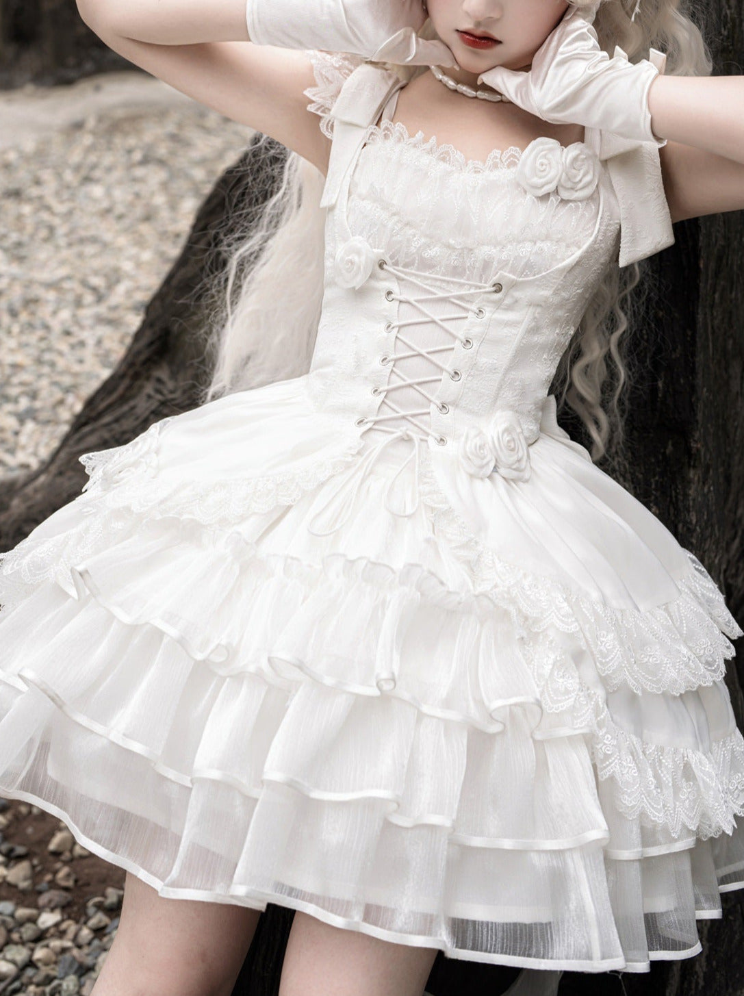Lolita Wedding Rose Lace-up Tiered Bustier & Suspender Dress Set
