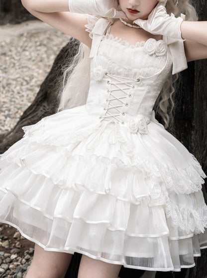 Lolita Wedding Rose Lace-up Tiered Bustier & Suspender Dress Set