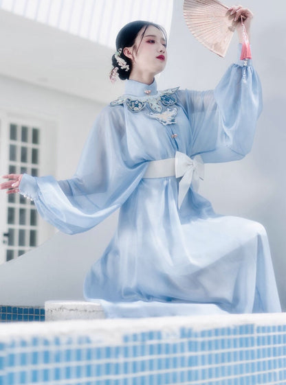 Waist Belt Sheer Stand Collar Puff Sleeve Dress