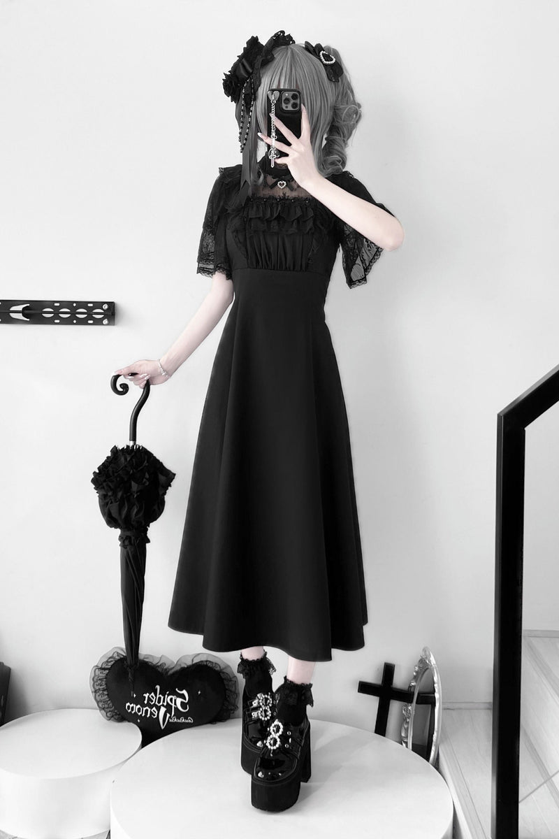 [pre-order] Lace Pearl Sheer Sleeve Long Dress