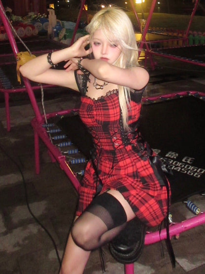 Y2k Black Red Hot Girl Lace Eyelets Suspender Dress