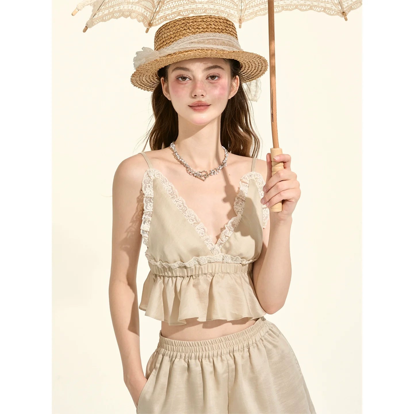 Pastille Style Khaki Lace Camisole + Shirt + Shorts