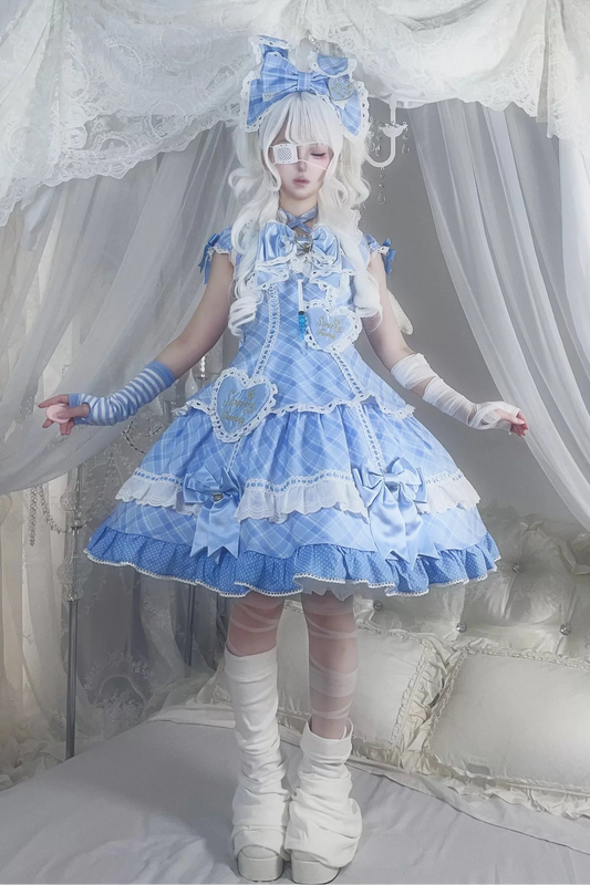 [pre-order Deadline: May 10] Blue/yellow/pink Sweetheart Lolita Ribbon Puff Sleeve Tiered Dress + Bunny Ear Full Set + Cat Ear Full Set