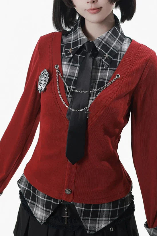 Checkered Top + Skirt + Tie