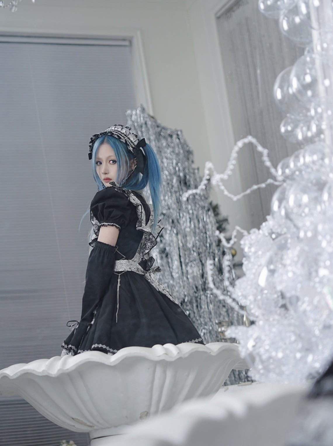 Silver Dragon Maid Gothic Dress + Apron + Arm Cover