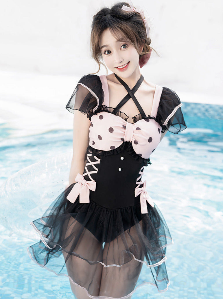 Dot Sheer Ruffle Lace Up Lolita Girly Dress Swimsuit