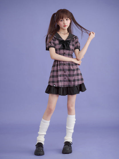 Cool Girly Sailor Checkered Dress