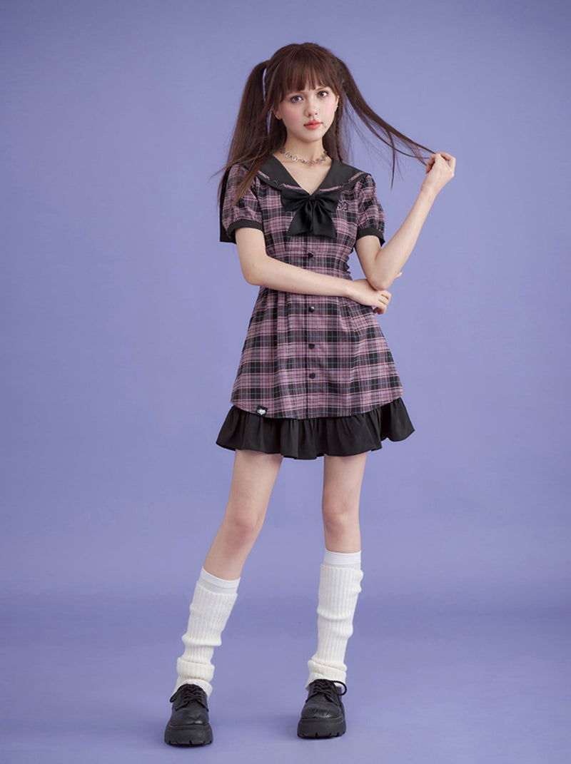 Cool Girly Sailor Checkered Dress