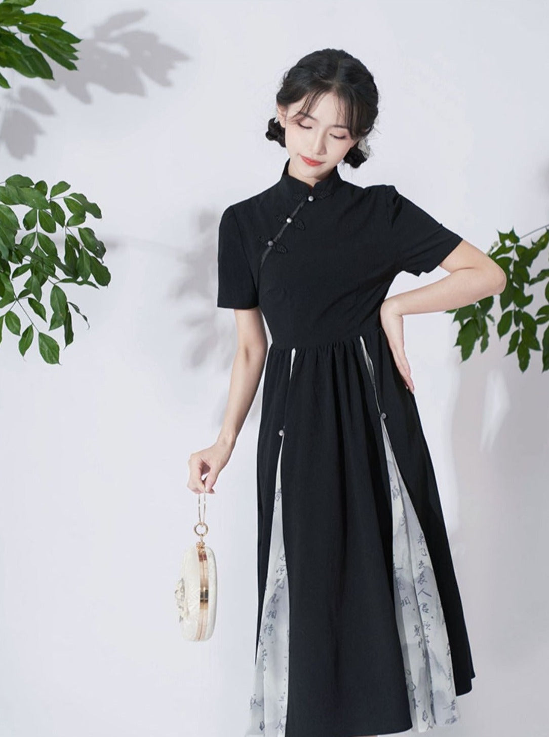 Retro Buckle Stand Collar High Waist Chinese-style Dress