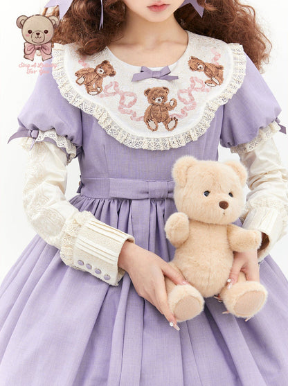 [pre-order] Lolita Teddy Bear Flap Lace Puff Sleeve Ribbon Dress