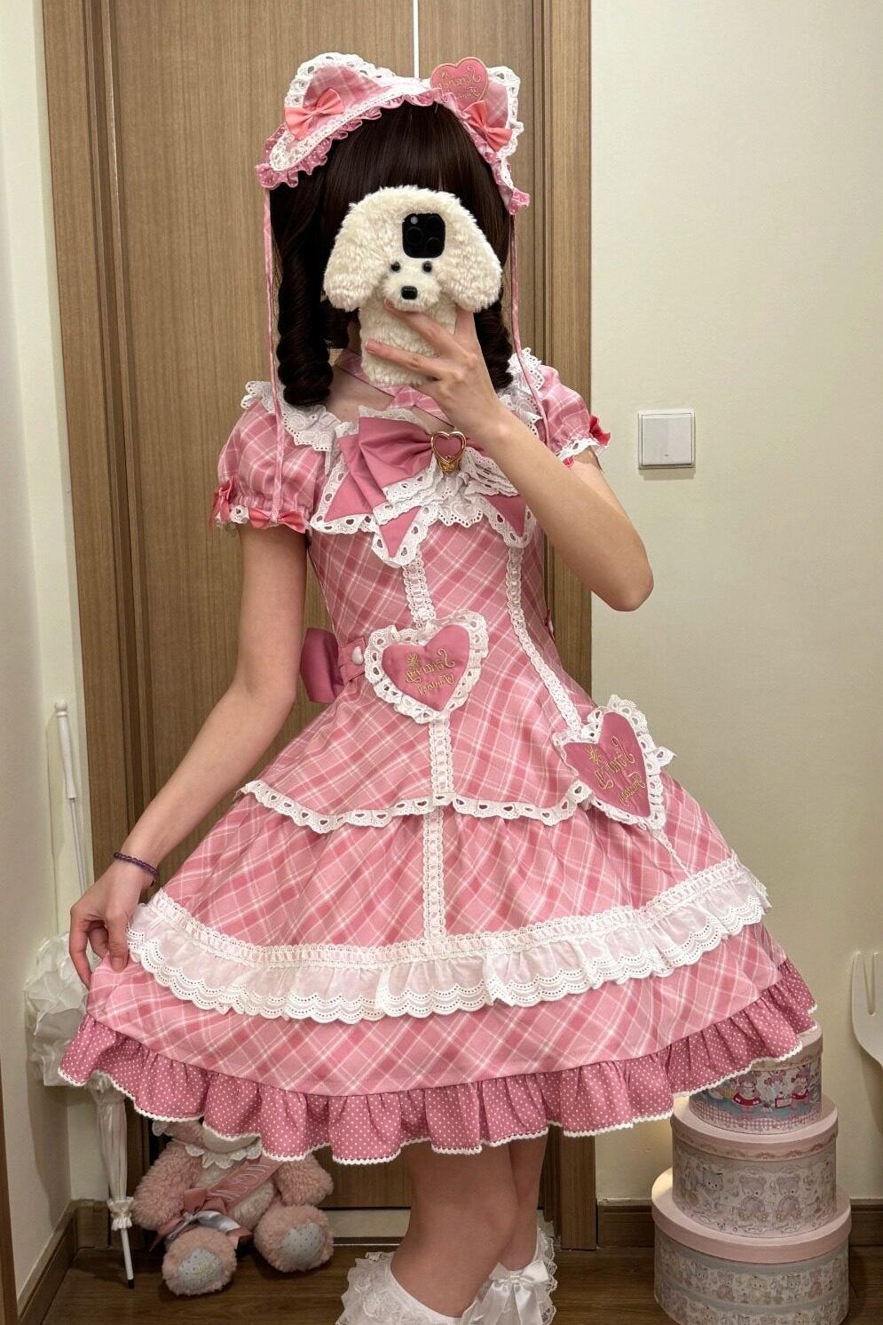 [pre-order Deadline: May 10] Blue/yellow/pink Sweetheart Lolita Ribbon Puff Sleeve Tiered Dress + Bunny Ear Full Set + Cat Ear Full Set