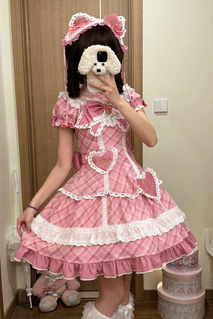 [pre-order Deadline: May 10] Blue/yellow/pink Sweetheart Lolita Ribbon Puff Sleeve Tiered Dress + Bunny Ear Full Set + Cat Ear Full Set