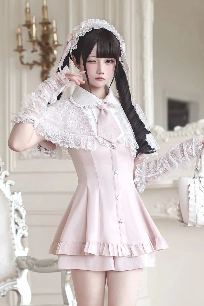 [pre-order Deadline: May 15] Pink Lace Cape Design Tie Color Dress Suit Full Set + Accessories