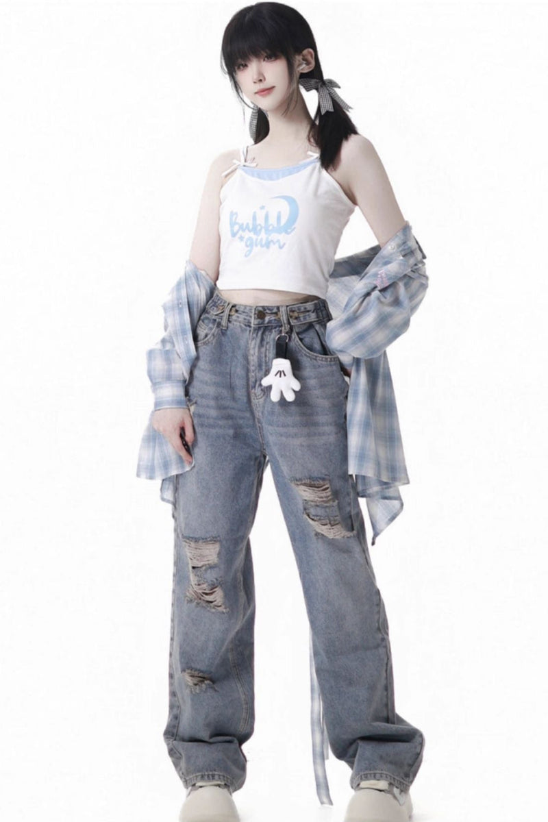 Plaid Shirt + Camisole + Denim Pants