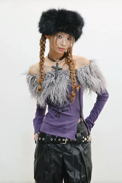Zip Faux Fur Shoulder Top