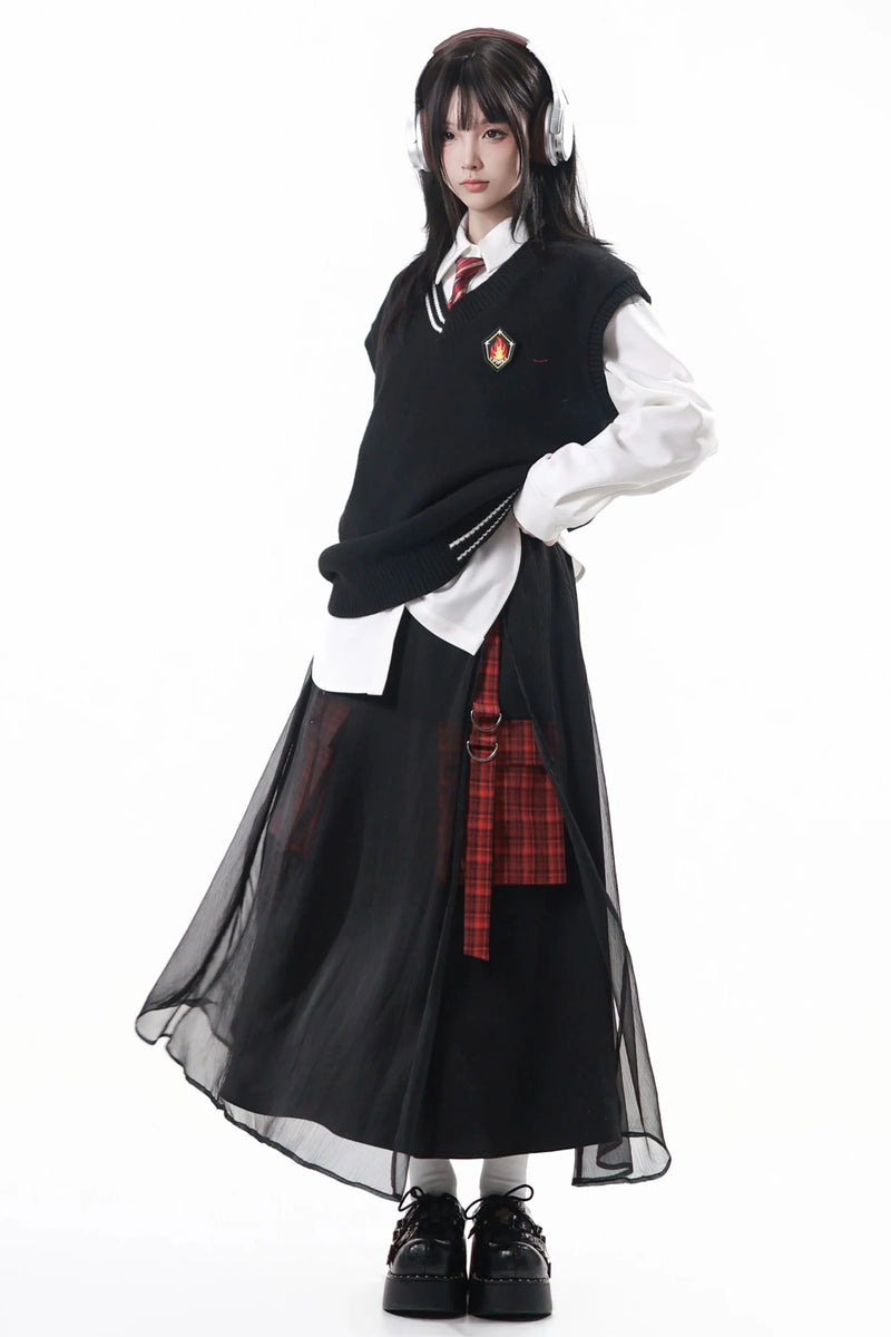 College Knit Vest + Shirt + Long Skirt + Pants + Tie