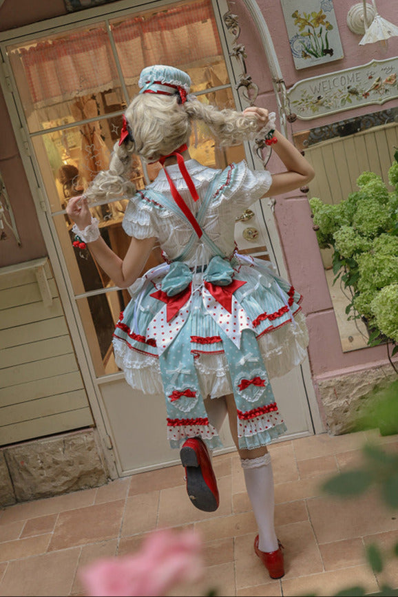 [pre-order Deadline: April 3] Twin Tiered Lolita Dot Ribbon Striped Dress + Flower Bud Skirt Dress