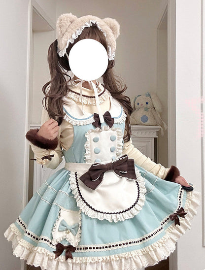 [pre-order Item]chocolate Mint Sailor Collar Girly Maid Dress + Cake Hat