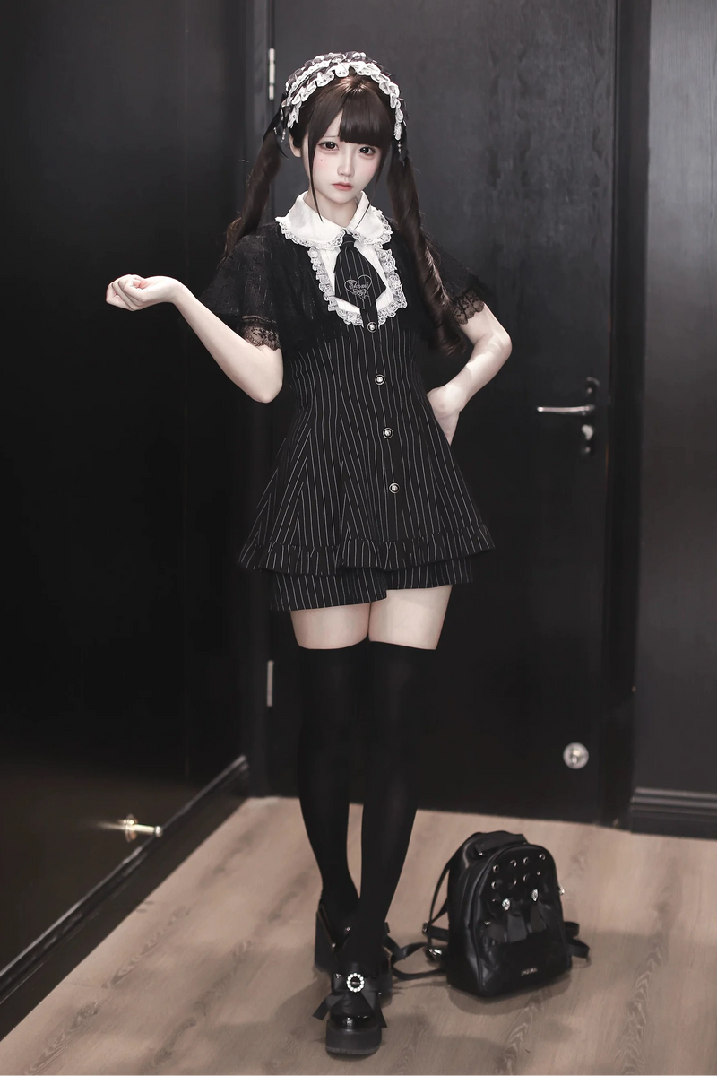 [reservation Deadline: May 15] Black Pinstripe Lace Cape Design Thai Collar Dress Suit Full Set + Accessories