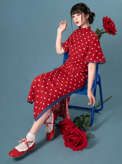Back Open Love Denim Element Stand Collar Cheongsam Dress