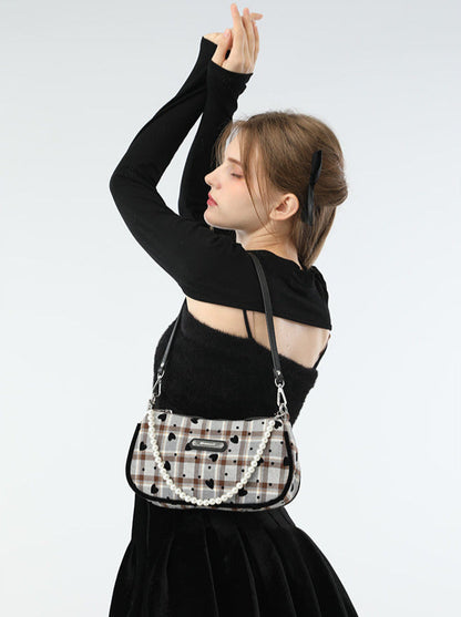 American Retro Sweet Cool Love Plaid Pearl Handle Shoulder Bag