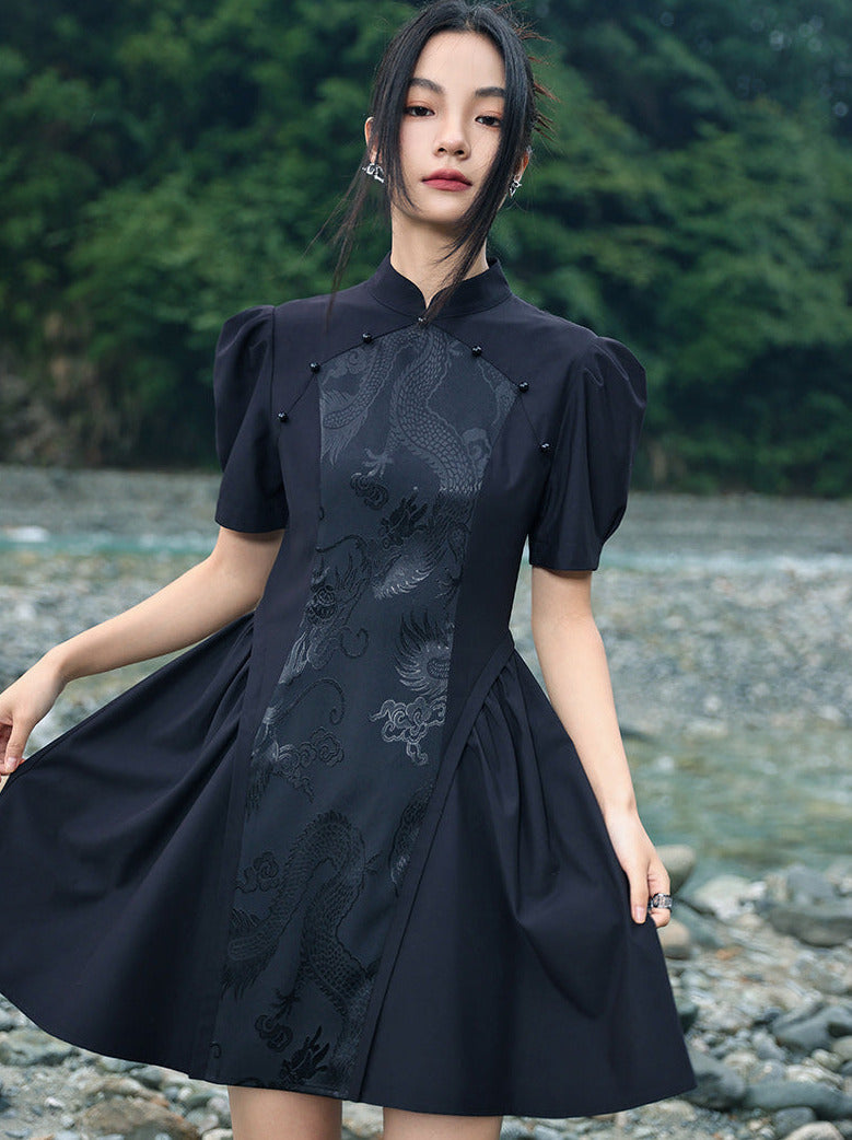 Jacquard Retro Puff Sleeve Chinese-style Dress