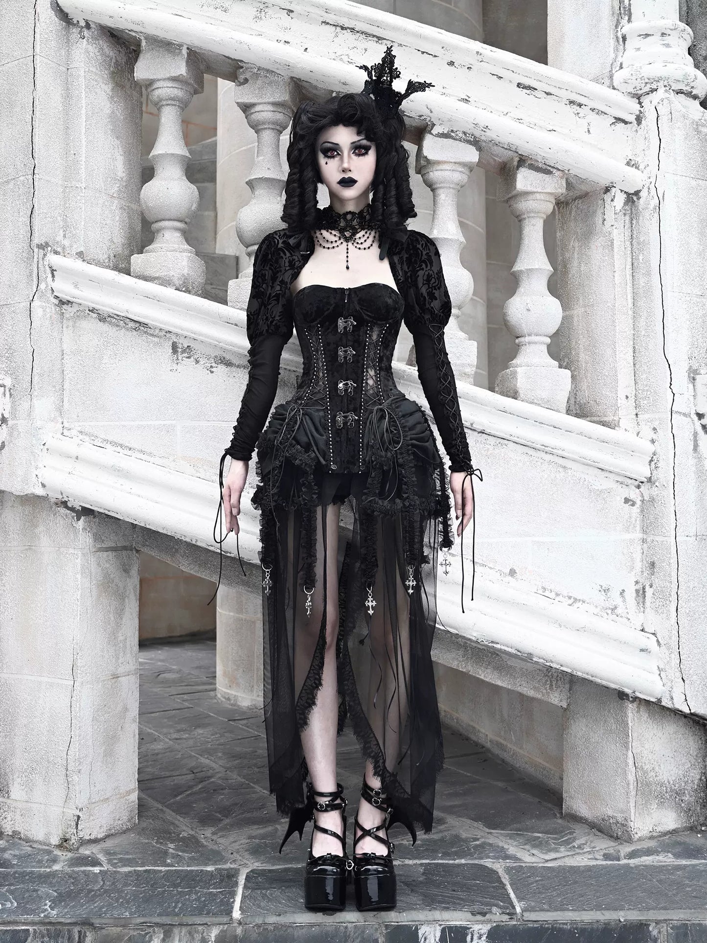 Hell Alice Gothic Dark Fishbone Strap Birdcage Corset Dress Set