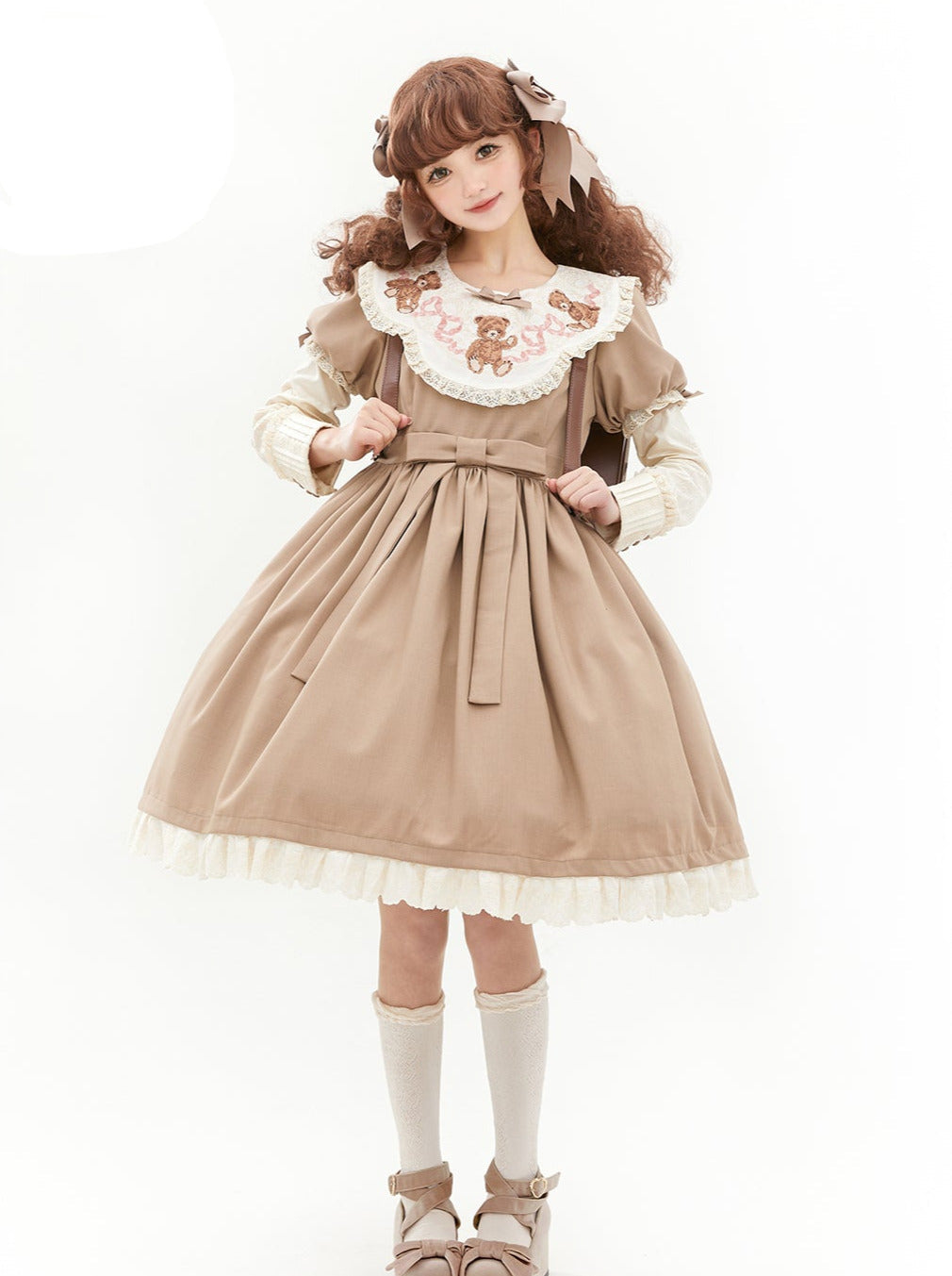 [pre-order] Lolita Teddy Bear Flap Lace Puff Sleeve Ribbon Dress