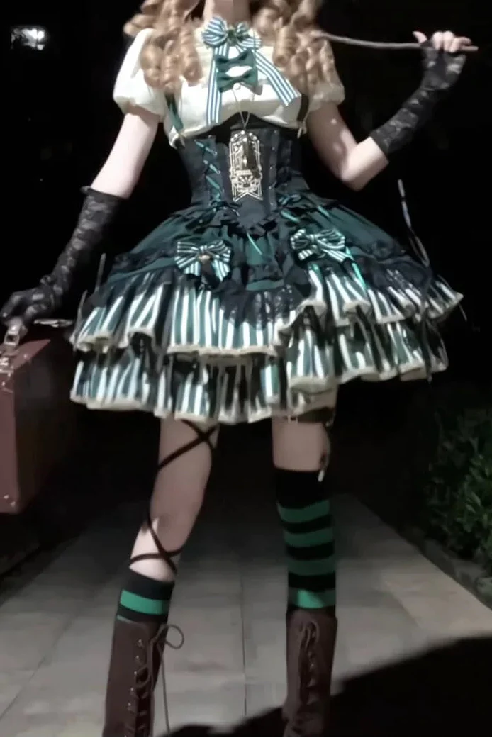 [pre-order Deadline: May 20] Magical Girl Lolita Lace Puff Sleeve Shirt + Black X Green Ribbon Corset Tiered Dress + Mini Hat