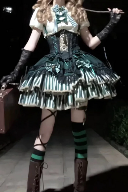 [pre-order Deadline: May 20] Magical Girl Lolita Lace Puff Sleeve Shirt + Black X Green Ribbon Corset Tiered Dress + Mini Hat