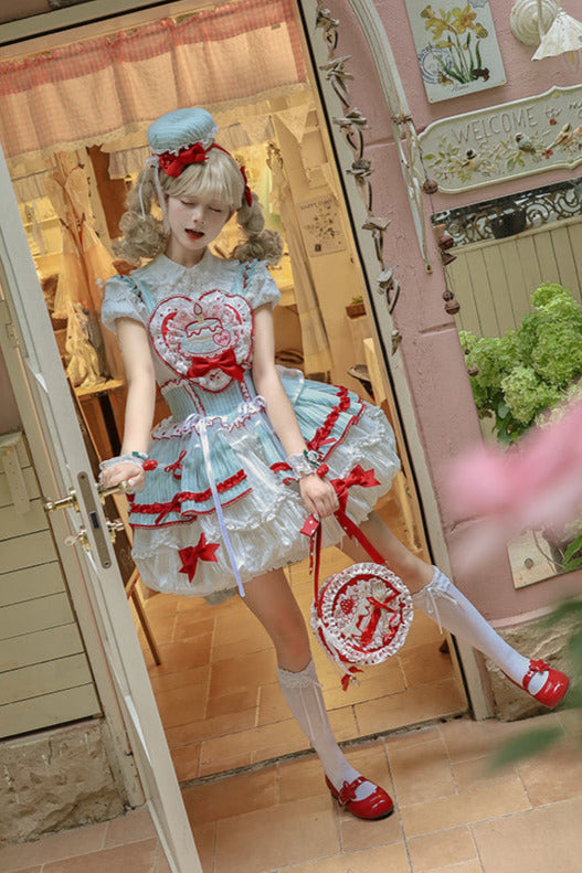 [pre-order Deadline: April 3] Twin Tiered Lolita Dot Ribbon Striped Dress + Flower Bud Skirt Dress