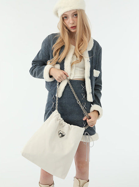 Cool Metal Diamond Quilted Leather Chain Tote Bag