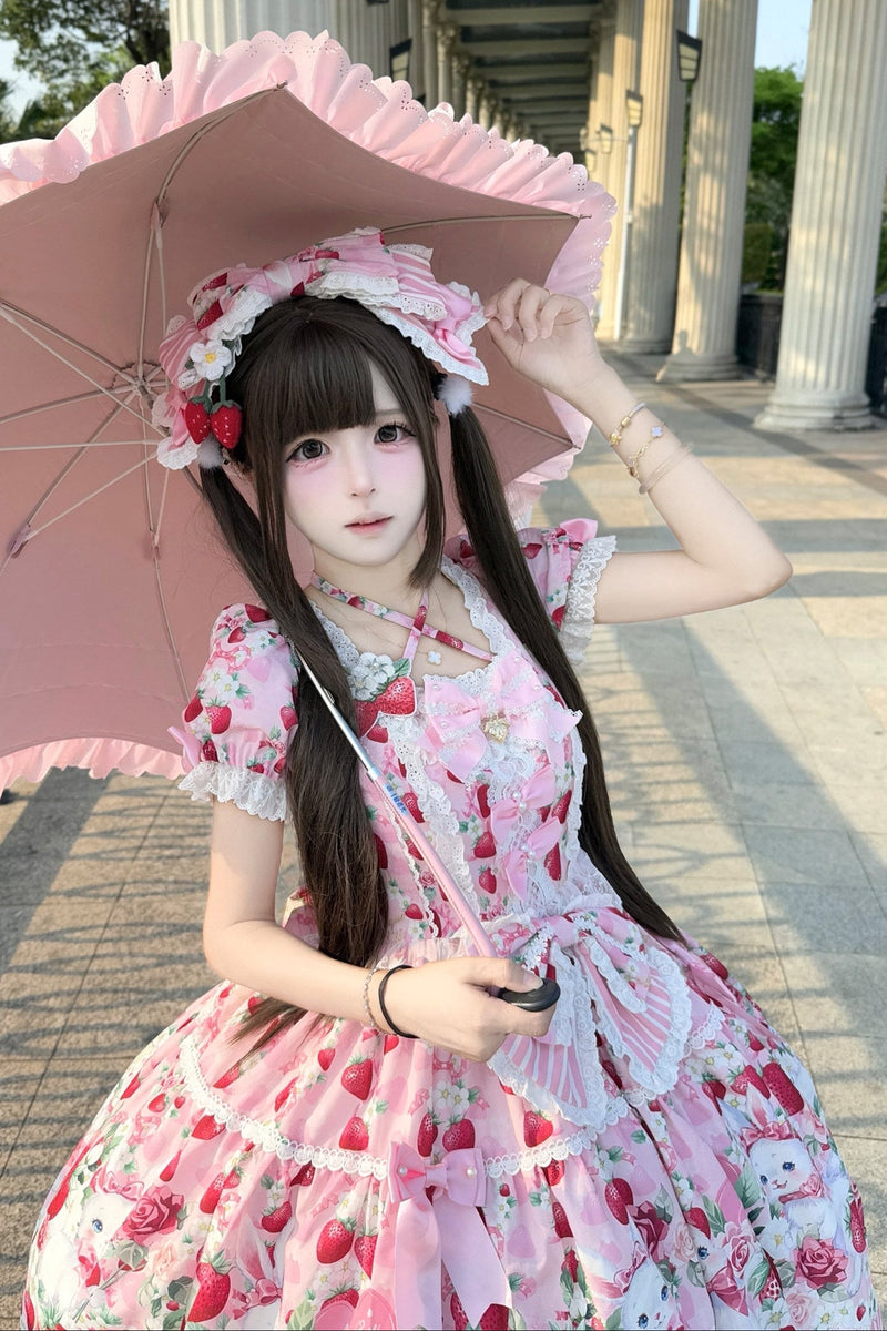 [pre-order Deadline: April 29] Strawberry Rabbit Print Lace Ribbon Sweet Dress + Complete Set