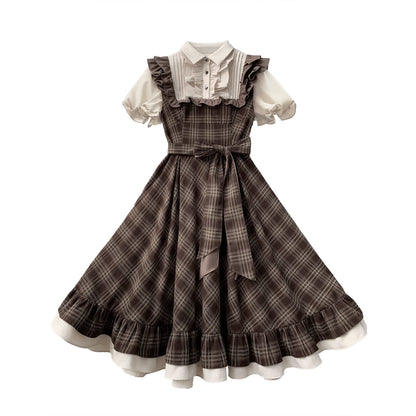 Retro Brown Plaid Volume Sleeveless Layered Dress + Pearl Ribbon Accessory + Classic Belt Coat [pre-order]