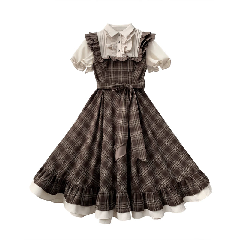 Retro Brown Plaid Volume Sleeveless Layered Dress + Pearl Ribbon Accessory + Classic Belt Coat [pre-order]