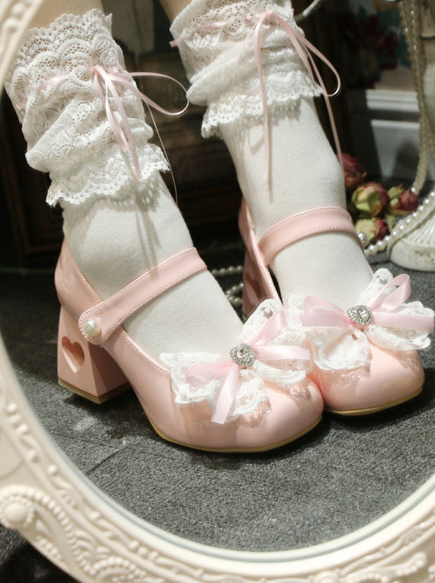 Lolita French Lace Ribbon Square Toe Love Heel Shoes