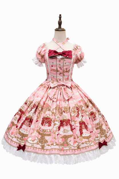 [pre-order Deadline: April 26] Retro Romance Sweet Lolita Ribbon Cake Print Halter Neck Dress