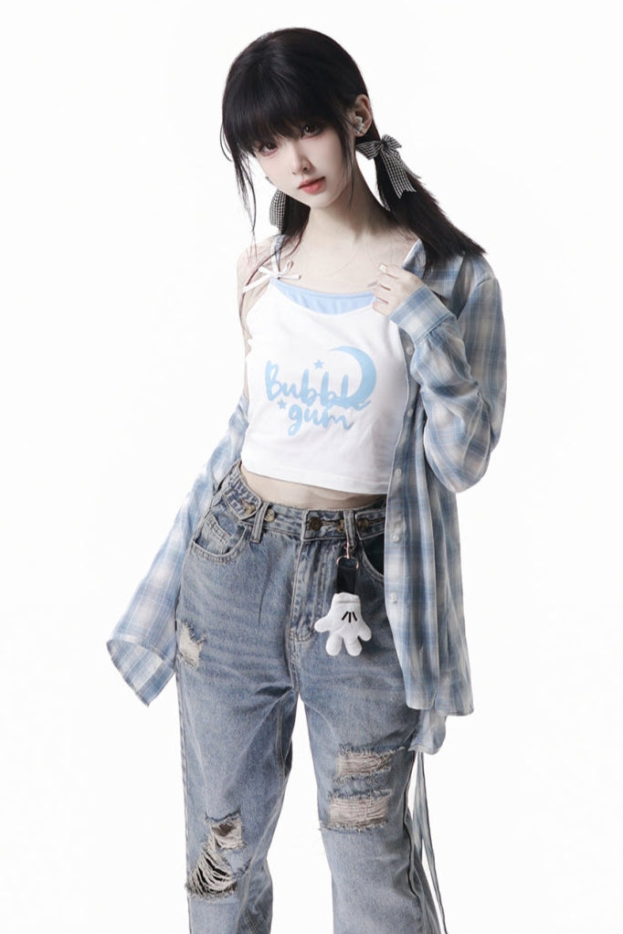 Plaid Shirt + Camisole + Denim Pants
